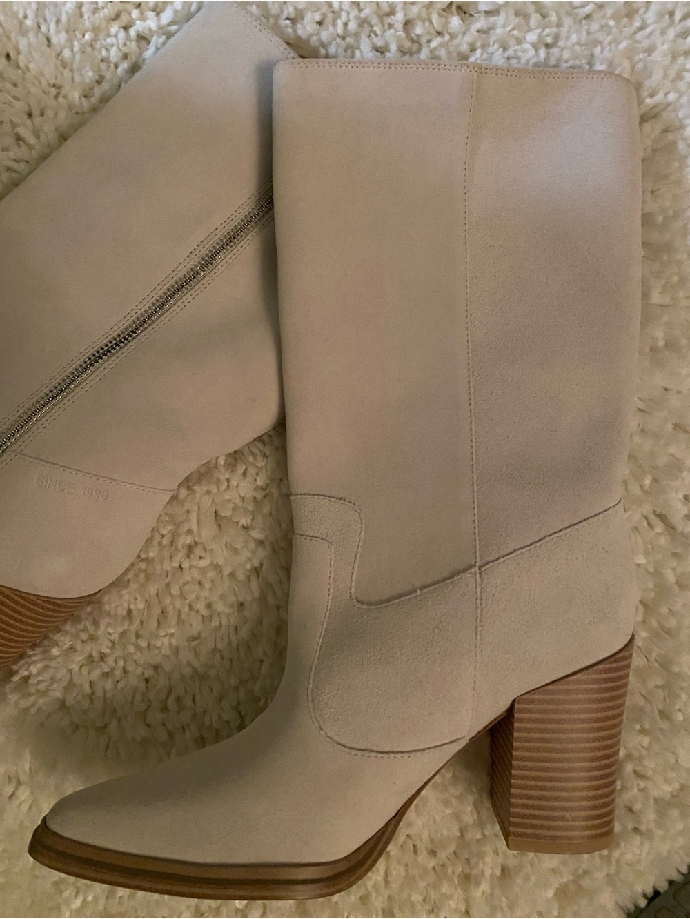 Franco Sarto Light Beige Suede Mid-Calf Block Heel Boots - Picture 6 of 8